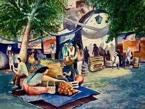 Vintage 30"x 22" Watercolor Painting Mexican Street Market Scene Impressionism - Picture 1 of 11