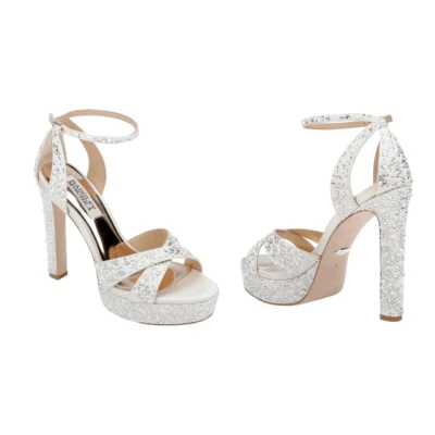 Badgley Mischka Fizzy Glitter Rhinestone Bejeweled Ivory Platform Heels Size 11 - Image 1 of 4