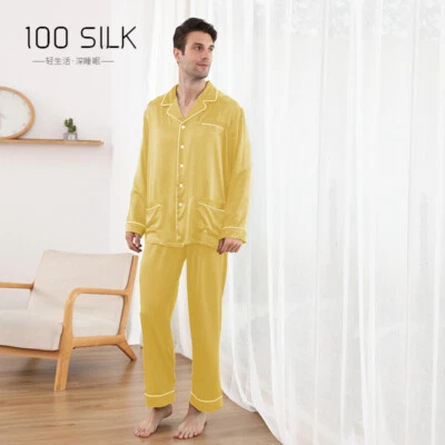 Conjuntos de pijama masculino 22 mm seda amoreira roupa de dormir macia manga longa camisas lapela 3XL - Imagem 1 de 4