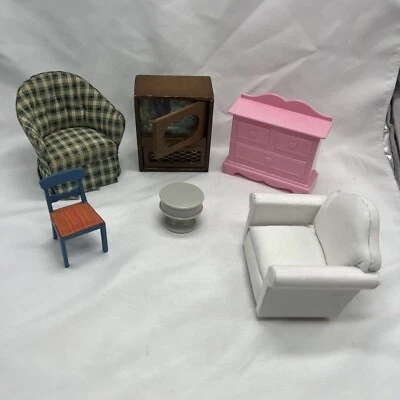 Paquete de 6 piezas de muebles para casa de muñecas sillas de TV taburete tocador Foto 1 de 4