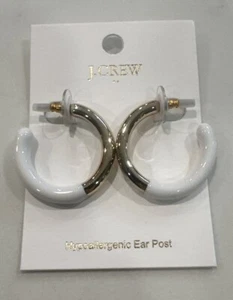 J. Crew Earrings - White Enamel + Metal Hoop Earrings New NWT - Picture 1 of 3