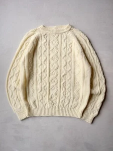 Vintage 70s Sears Kings Road Ivory Fisherman Cable Knit Sweater Size M - Picture 1 of 5