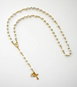First Communion White Beads Rosary with Gold Tone Accent - Girls - - Picture 1 of 4
