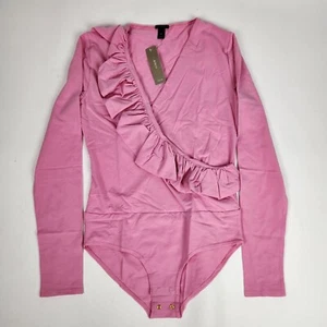 NWT J Crew Womens Bodysuit Pink Ruffle Mock Wrap Long Sleeve Stretch Size XS - Picture 1 of 3