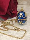 Guilloché Blue Enamel Faberge Egg Pendant & Bracelet Sterling Silver GOLD Plated