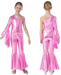 Kids Girls Romper Wide Leg Dance Jumpsuit Full Body Bodysuit One Shoulder Shiny - Picture 1 of 62