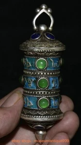 3.6" Old Chinese Silver Cloisonne inlay Green jade lection Amulet pendant - Picture 1 of 11