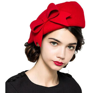 100% Wool Felt Wedding Hats Women French Beret Caps Hat Fedora Fascinator Red