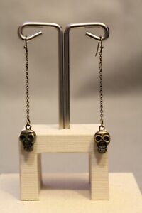 Avon Halloween Motif Earrings Skull antiqued metal 2.5" chain drop NEW NIB