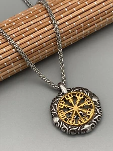 Edelstahl Zopfkette 60cm mit Anhänger Vegvisir Sonne gold  Kompass Viking Set - Bild 1 von 6