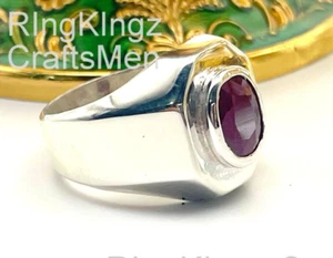 Sterling Silver Ruby Ring for Men Oval Red Gemstone Signet Ring Handmade Jewelry - Picture 1 of 7