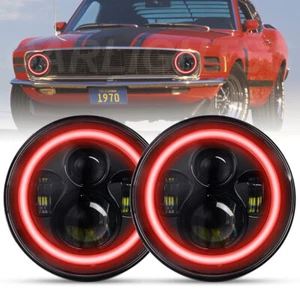 Pair Red Halo 7" LED Headlight HI/LO Beam DRL Sealed For Ford Mustang 1965-1978 - Picture 1 of 13