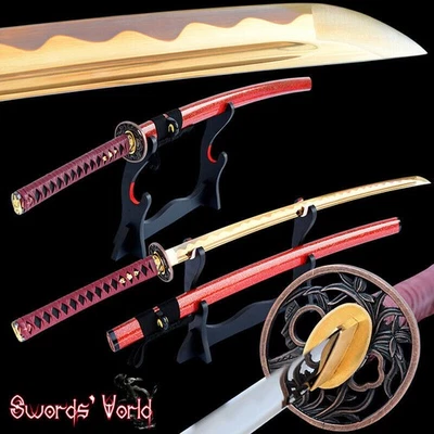 Espada Katana Japonesa Dorada Galvanizada Hecha a Mano Full Tang Bo-hi Cordón de Cuero Foto 1 de 4