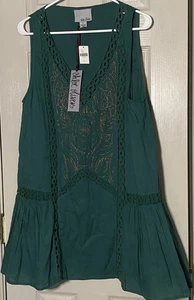 Anthropologie Chloe Oliver Green Gold Crochet Eyelet Trim Mini Dress LARGE NWT - Picture 1 of 6