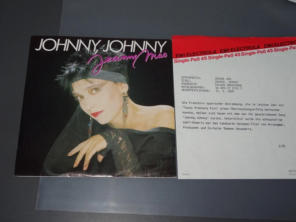 JEANNE MAS - JOHNNY, JOHNNY / EEC 7'' SINGLE 1985 (MINT-) & PROMO-SHEET - Bild 1 von 2