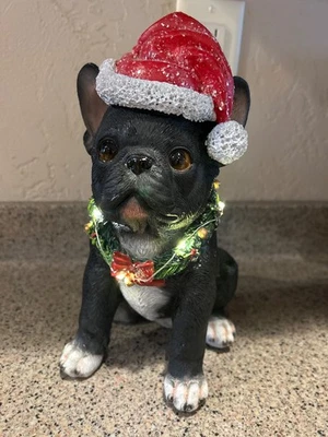 Estatua iluminada de bulldog francés Frenchie con sombrero y corona de Santa - Sociedad humana Foto 1 de 4