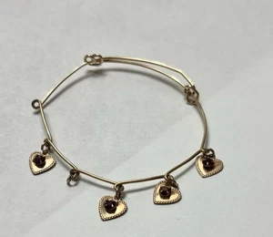 Vintage Gold Filled Handmade Wire Bracelet w/Red Stone Hearts (very S - Picture 1 of 6