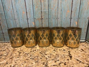 5 Culver Valencia Low Ball Gläser 22K Gold Grün Diamant Set - Bild 1 von 5