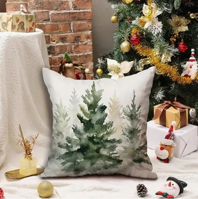 Funda de almohada de acuarela para árbol de Navidad 1 pieza - 18x18 pulgadas - azul/verde en lino de calidad Foto 1 de 4