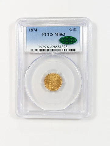 1874 G$1 Indian Princess Head Gold Dollar Coin PCGS MS63 Green CAC Cover