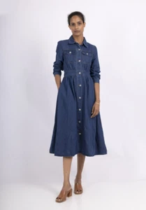 Vestido midi de mezclilla informal de manga media con botones delanteros calce relajado para mujer. - Imagen 1 de 5