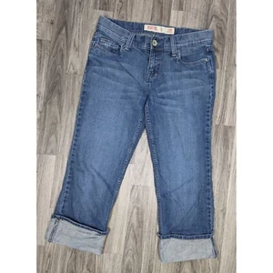 Mossimo Juniors Size 7 Low Rise Cuffed Embroidered Cropped Blue Denim Jeans - Imagen 1 de 10