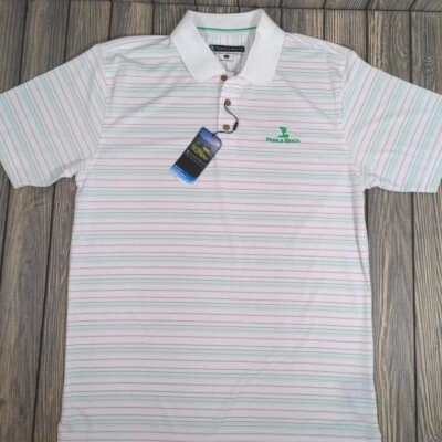 Pebble Beach Dry Luxe Performance Mens Polo White Green Red Pink Stripes Sz M - Image 1 of 4
