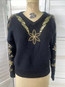 Vintage 80s 90s Worthington Women’s Black Sequin Beaded Silk Blend Sweater Small - Picture 1 of 11