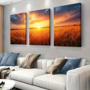 3pcs Sunset Glow Over Golden Wheat Field Wall Art Canvas Unframed/Framed - Picture 1 of 9