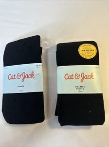 Cat & Jack 2 Pair Tights LG Kids 12-14 Sweater Tights Plain Tights Black Footed - Picture 1 of 6