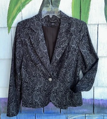 Blazer Chaqueta Bolsillos Años 80 Vintage August Azul Seda Negro Paisley Mujer’s Talla 6 Foto 1 de 4