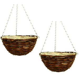 2X 36cm 14 Inch Dark Brown Wicker Hanging Basket Lined Rattan Willow Planter