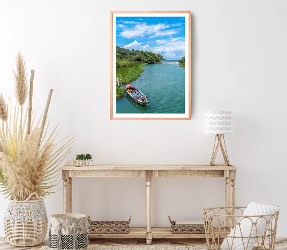 Boats On Lake Print, Forest Wall Art, Cloudy Sky Framed Nature Wall Art,Natural - Image 1 of 1