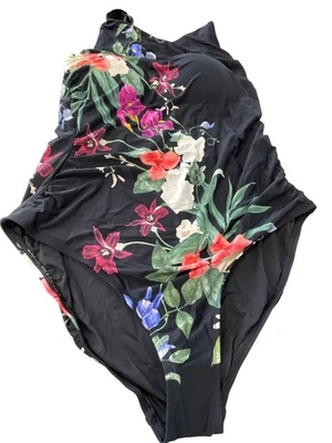 Traje de baño Jantzen Layla espalda cruzada cuello alto una pieza talla 18W negro floral Foto 1 de 4