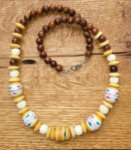25in Tribal Necklace, African Powder Glass Yellow & White Beads, Bone, Wood - Picture 1 of 8