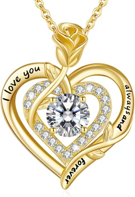 Moissanite Halskette Damen Silber 925 Doppel Herz Rose Anhänger - Bild 1 von 4