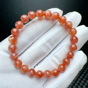 7.5mm Natural Golden Strawberry Sunstone Quartz Crystal Stretch Beads Bracelet - Picture 1 of 6