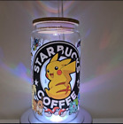 Pokemon Starbucks Coffee 16oz Glass Cup With A Straw And Bamboo Lid And Brush.