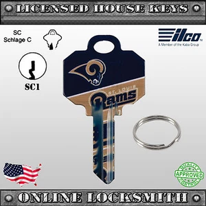 Equipo de fútbol americano con licencia oficial de la NFL St. Louis Rams llave en blanco - Schlage Keyway - Imagen 1 de 3