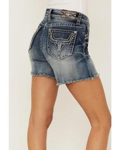 Grace In LA Women's Steer Head Embroidered Stretch Denim Jean Shorts - Picture 1 of 4