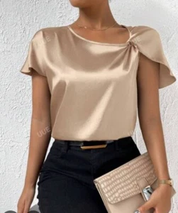 Blusa manga corta escote torcido asimétrico satinado talla L de UUE para mujer - Imagen 1 de 11