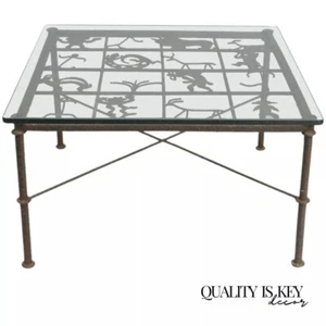 Native American Glyph Figures Metal and Glass Square Brutalist Coffee Table - Picture 1 of 10