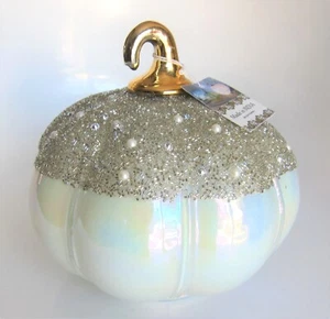 Led Lighted Glass Pumpkin Alabaster Iridescent Opal Handblown Pearls Golden Stem - Picture 1 of 10