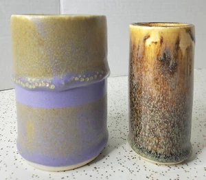 Studio Pottery Drinking Cup Brown Earth Tones Drip Glaze Artisan Signed Set of 2 - Picture 1 of 6