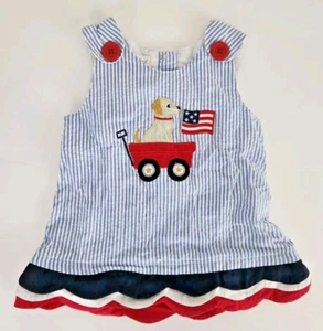 Cre8ions Girl's 18M Seersucker 4th July Red Blue USA Patriotic Dog Flag Dress - Picture 1 of 5