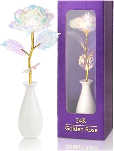 Rainbow Artificial Rose Flower Valentines Day Gifts for Mom with Gold Foil Stem - Picture 1 of 6