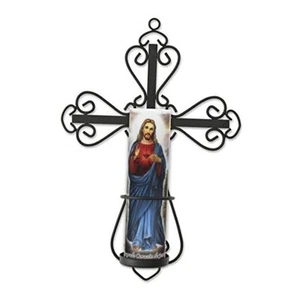 Decorative Scrolled Metal Cross Wall Sconce with Jesus LED Candle, Religious - Picture 1 of 7