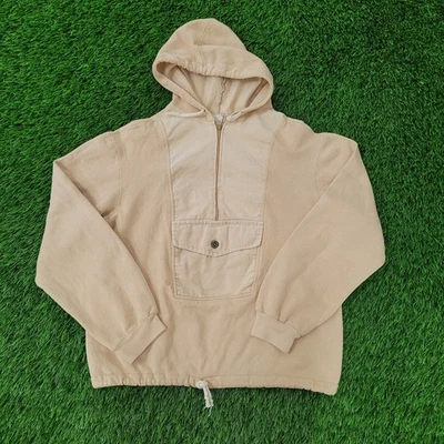 复古 70 年代 MOD 灯芯绒 1/2 拉链连帽衫女式大号 21x22 米色 Anorak — 第 1/4 张图片