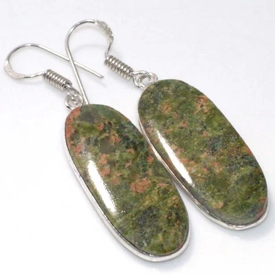 Unakite 925 Silver Plated Gemstone Earrings 2.1" Best Gift For Women JW - Image 1 of 3