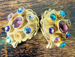 ART Earrings Arthur Pepper Vintage Clip On Earrings Gold Finish Iridescent Gems - Picture 1 of 9
